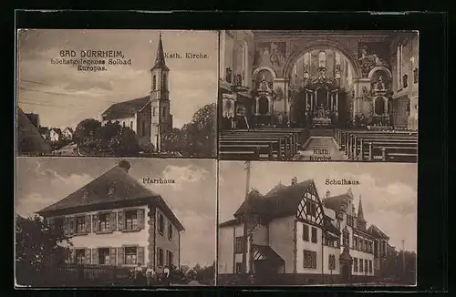 AK Bad Dürrheim, Kath. Kirche mit Innenansicht, Pfarrhaus, Schulhaus