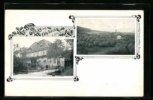 AK Olsbach bei Offenburg, Ortsansicht aus der Ferne, Grosses Haus mit Brücke