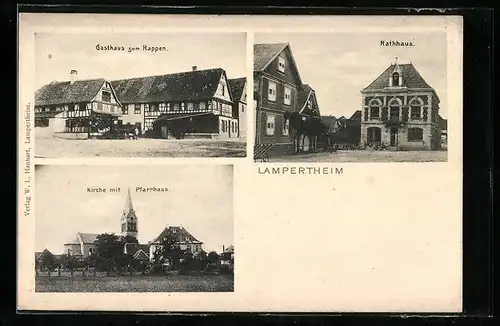 AK Lampertheim, Gasthaus zum Rappen, Rathaus, Kirche mit Pfarrhaus