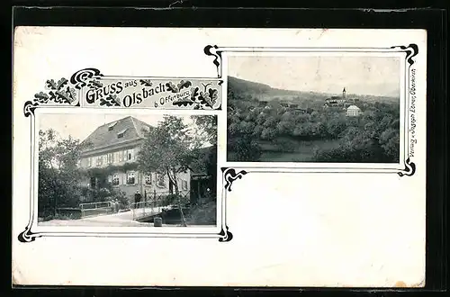 AK Olsbach bei Offenburg, Ortsansicht aus der Ferne, Grosses Haus mit Brücke