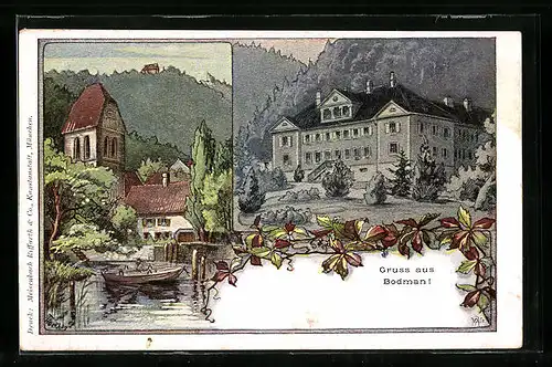 Künstler-AK Bodman, Teilansicht, Schloss mit Grünanlagen