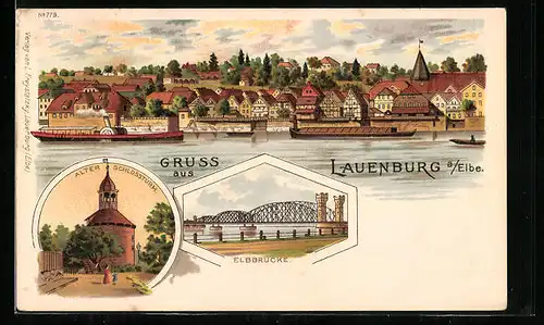 Lithographie Lauenburg a. E., Alter Schlossturm, Elbbrücke, Totalansicht mit Elbdampfer