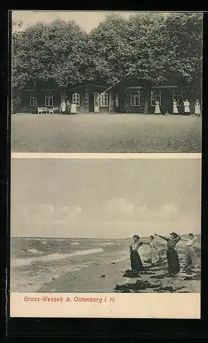 AK Gross-Wessek b. Oldenburg, Gebäudeansicht, Strandpartie mit Frauen