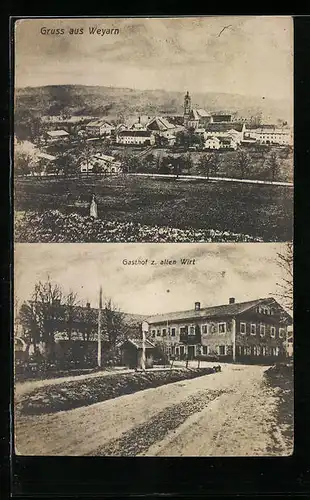 AK Weyarn, Gasthof zum alten Wirt, Ortspartie mit Kirche