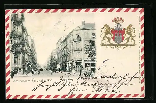 Präge-AK Hamburg-St.Georg, Strasse Steindamm mit Restaurant von Wilhelm Friedrichs, Wappen