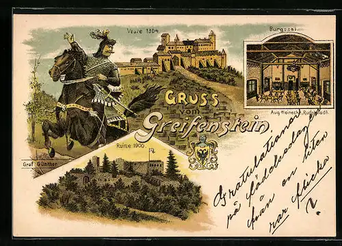 Lithographie Bad Blankenburg, Gasthaus & Veste Greifenstein, Graf Günther zu Pferde