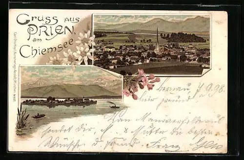 Lithographie Prien am Chiemsee, Totalansicht, Fraueninsel