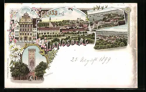 Lithographie Landsberg, Rathaus, Bayertor, Katharinen-Vorstadt
