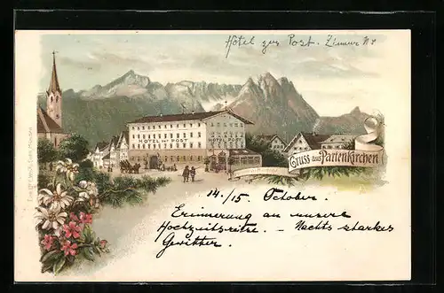 Lithographie Partenkirchen, Ortspartie mit Hotel zur Post