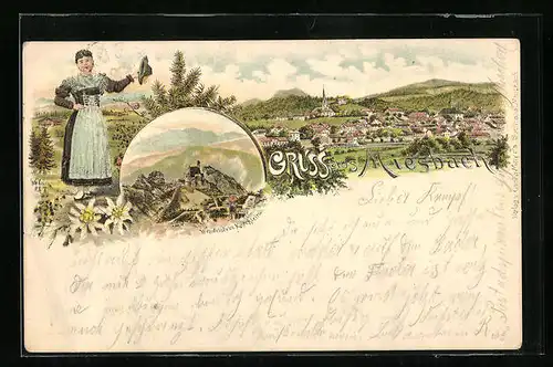 Lithographie Miesbach, Teilansicht, Wendelstein Kirchlein