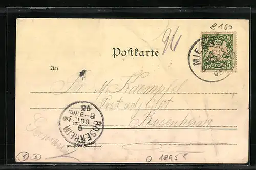 Lithographie Miesbach, Teilansicht, Wendelstein Kirchlein