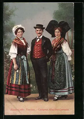 AK Damen und ein Herr in Elsass-lothringische Tracht, Costumes Alsaciens-Lorrains