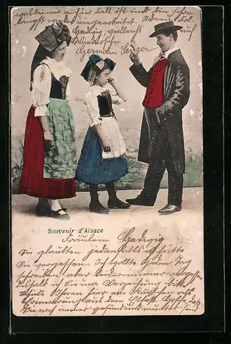 AK Vater rügt sein Töchterchen, Familie in elsass-lothringische Tracht, Souvenir d`Alsace