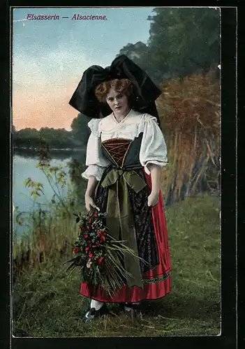 AK Elsässerin in Tracht, Alsacienne, elsass-lothringische Tracht