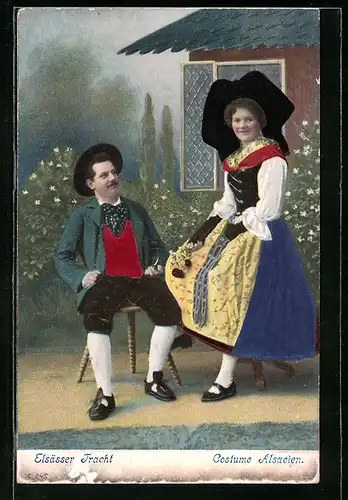 Präge-AK Dame und Herr in Elsässer Tracht, Costumes Alsacien