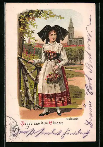 Lithographie Junge Frau in elsässer Tracht mit einem Blumenkorb