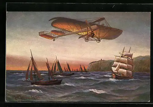 Künstler-AK Flugzeug in der Luft über Segelbooten