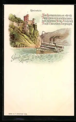 Lithographie Rheinstein, Rheindampfer passiert die Burg Rheinstein