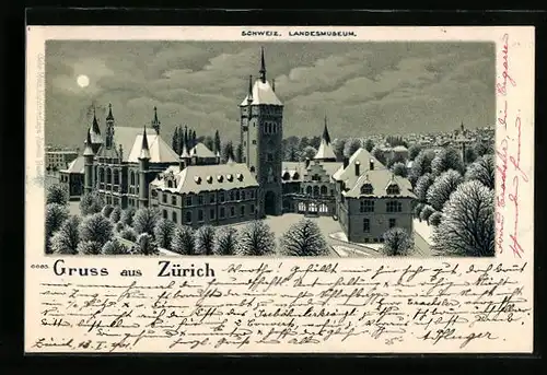 Lithographie Zürich, Schweiz. Landesmuseum im Winter