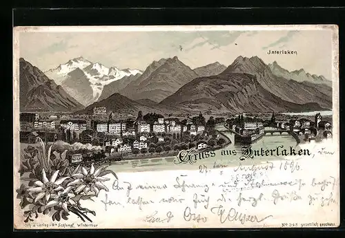 Lithographie Interlaken, Ortsansicht aus der Vogelschau