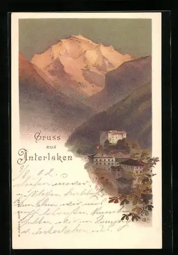Lithographie Interlaken, Ortsansicht mit Bergpanorama