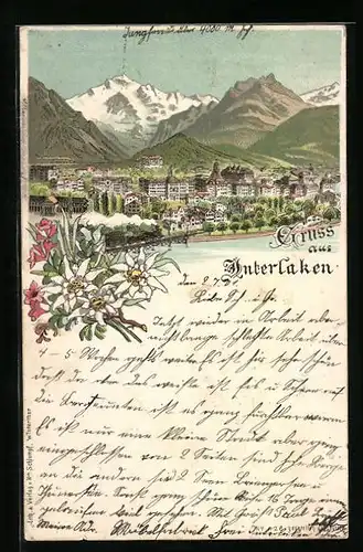 Lithographie Interlaken, Ortsansicht aus der Vogelschau