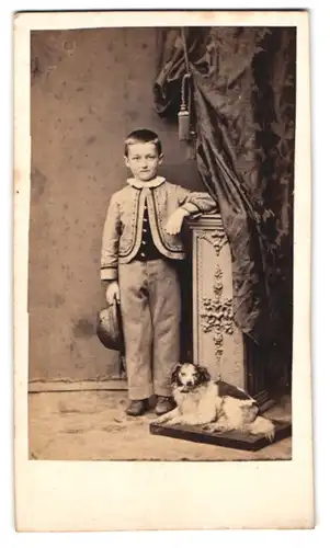 Fotografie F. Hüsig, Hannover, Portrait junger Knabe im Anzug mit ausgestopftem Hund / Taxodermie