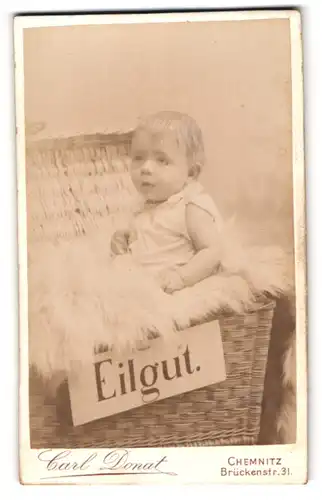 Fotografie Carl Donat, Chemnitz, niedliches Kleinkind als Eilgut im Weidenkorb mit Fell ausgestattet
