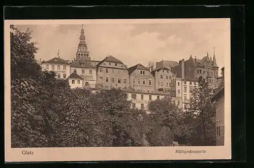 AK Glatz, Mühlgrabenpartie mit Kirche