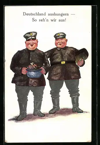 AK Beleibte Soldaten mit Schüssel voller Essen