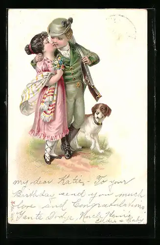 AK Kleiner Jäger mit Frau und Hund
