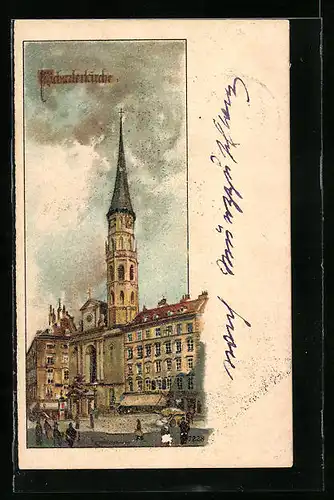 AK Wien, Michaelerkirche mit Passanten