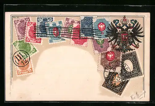 Präge-AK Russische Briefmarken und doppelköpfiger Adler mit Wappen