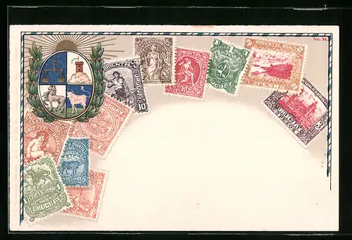 Präge-AK Briefmarken mit Staatswappen aus Uruguay