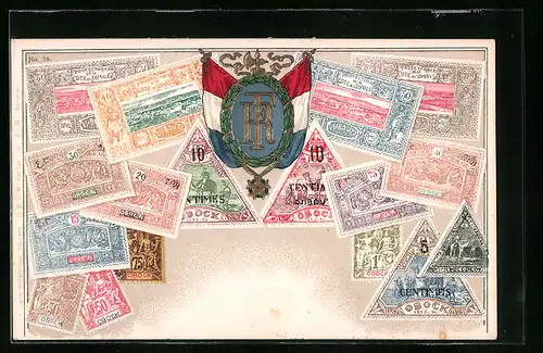 Präge-AK Briefmarken und Wappen aus Somalia