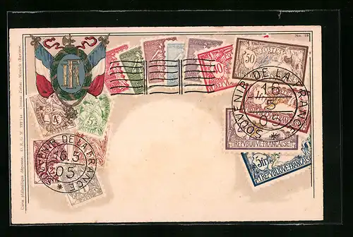 Präge-AK Französische Briefmarken und Wappen