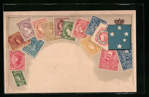 Präge-AK Briefmarken und Wappen des Vereinten Königsreiches