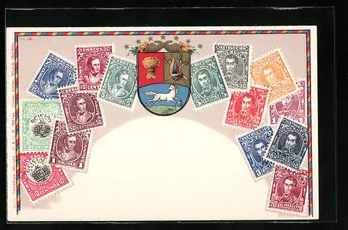 AK Briefmarken und Wappen aus Venezuela