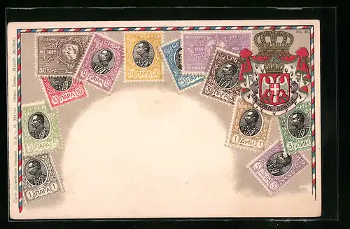 Präge-AK Briefmarken und Wappen Serbiens