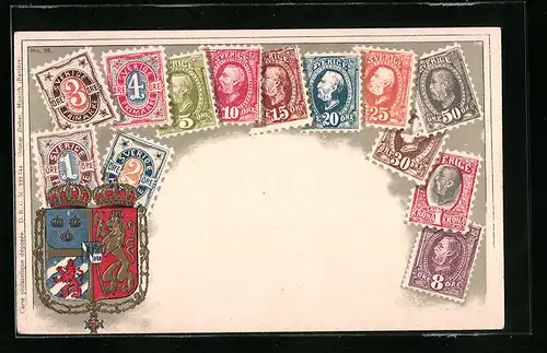 Präge-AK Schwedische Briefmarken mit Wappen