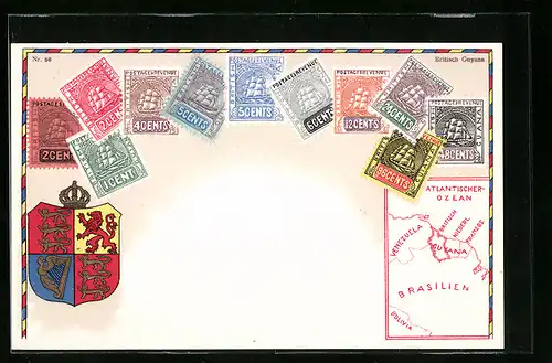 AK Briefmarken mit Wappen aus Britisch Guyana, Landkarte