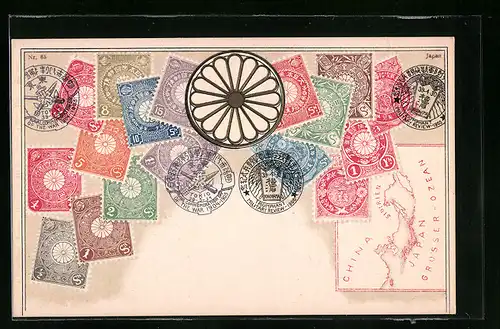 Präge-AK Japanische Briefmarken mit Wappen, Landkarte