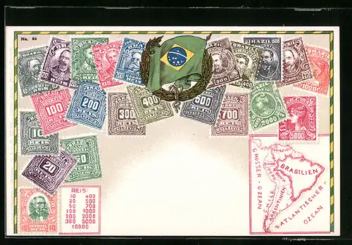 AK Brasilianische Briefmarken mit Wappen, Landkarte