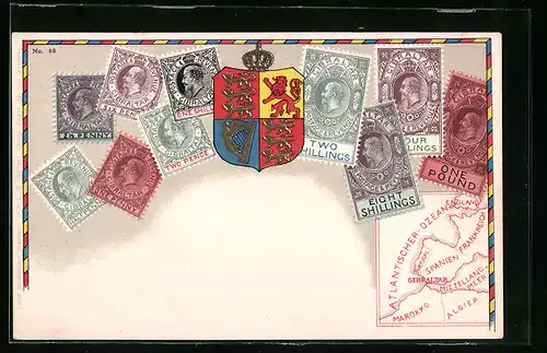 AK Briefmarken mit Wappen Gibraltars, Landkarte