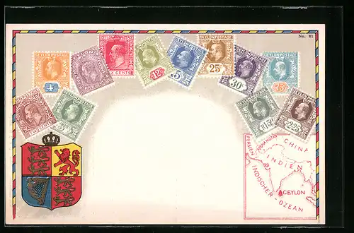 AK Briefmarken mit Wappen von Ceylon, Landkarte