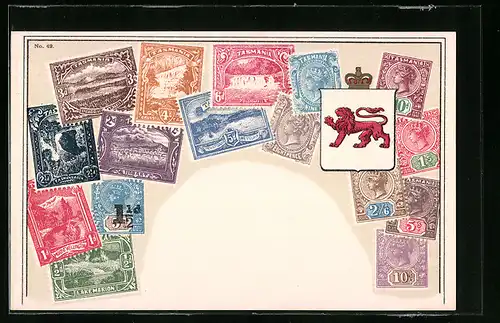 AK Briefmarken und Wappen von Tasmanien