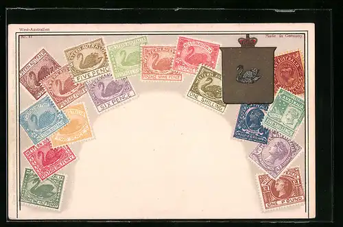 AK Briefmarken mit Wappen von West-Australien