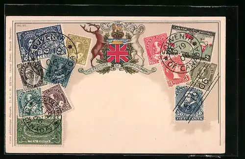 Präge-AK Briefmarken mit Wappen der Kanadischen Provinz British Columbia