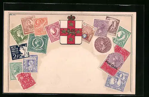 Präge-AK Briefmarken mit Wappen von New South Wales, Australien