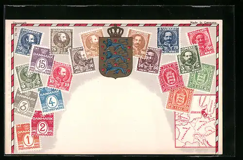 AK Dänische Briefmarken mit Wappen und Landkarte